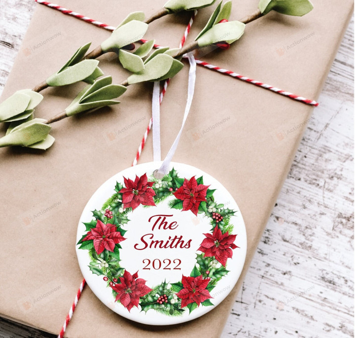 Personalized Family Name Christmas, Wreath Floral Ornament, Christmas Gift Ornament
