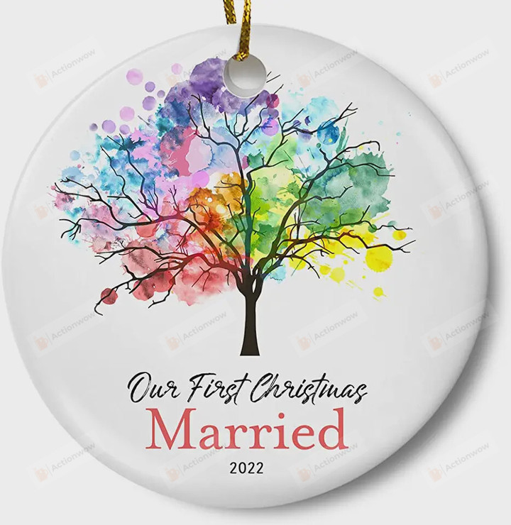 Personalized Rainbow Tree Our First Christmas Married Ornament, Newlywed Couples Ornament, Wedding Present Ornament