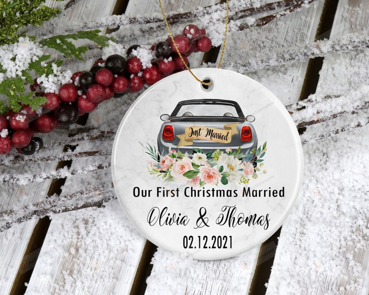 Personalized Wedding Car Ornament, Our First Christmas Married Ornament, Newly Married Ornament