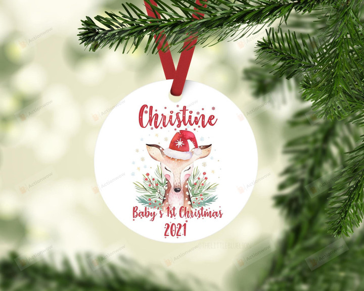 Personalized Floral Deer Baby's First Christmas Ornament, Deer Lover Gift Ornament, Christmas Keepsake Gift Ornament