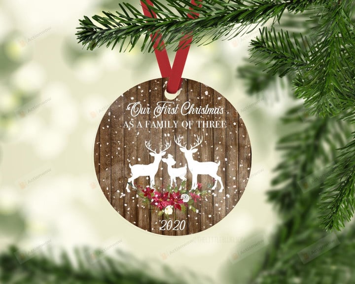 Personalized Deer Family Ornament, Our First Christmas As A Family Of Three Ornament, Christmas Gift For New Family Ornament