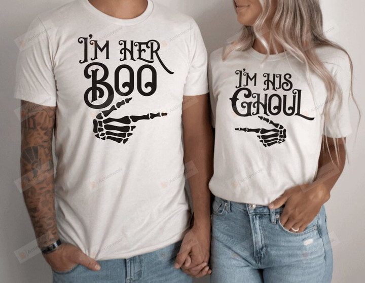 I'm Her Boo And I'm His Ghoul Halloween Couple Matching Shirts, Custom Unisex Tee Shirt For Couple