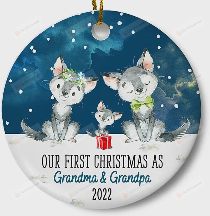 Personalized Wolfs Our First Christmas As Grandma And Grandpa Ornament, New Grandparents Gift Ornament, Christmas Gift Ornament
