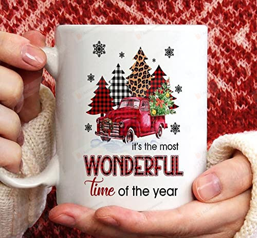 Red Truck With Xmas Tree It'S The Most Wonderful Time Of The Year Mug Funny Mug Gift For Christmas, Merry Christmas Gifts For Xmas, Holiday Ceramic Mug Birthday Anniversary