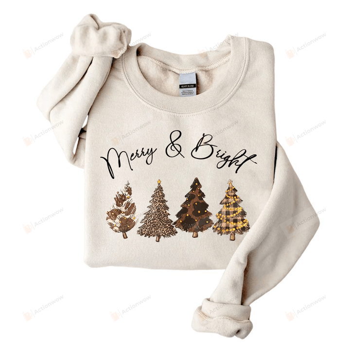 Merry And Bright Sweatshirt, Leopard Christmas Tree Sweatshirt, Christmas Gifts For Mom Best Friend