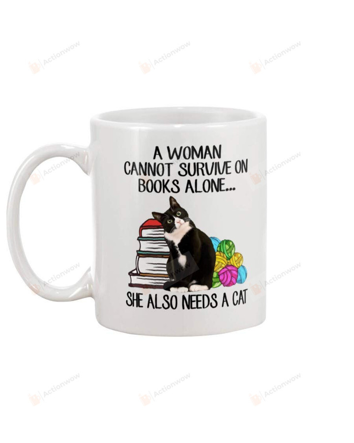 Love Crochet, Book, Cat - A Woman Cannot Survive On Books Alone She Also Needs A Cat 11oz, 15oz Ceramic Coffee Mug