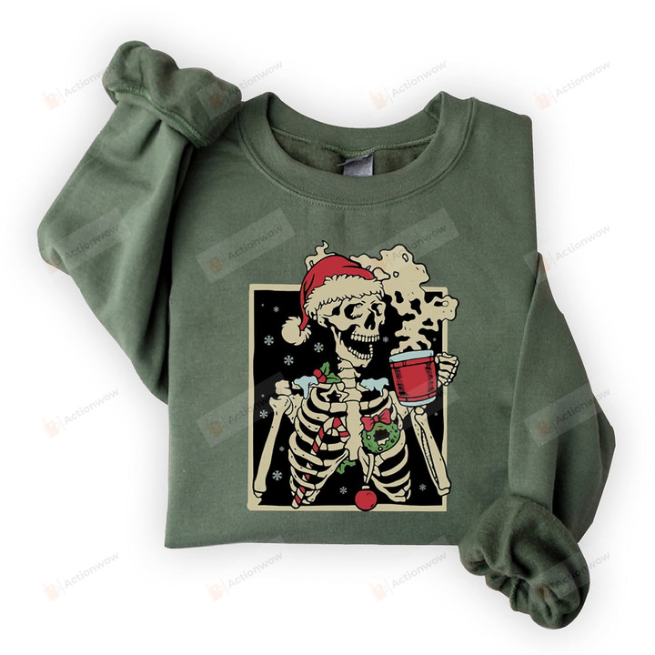 Varka Christmas Skeleton Coffee Crewneck Sweatshirt, Dead Inside Skeleton Santa Shirt, Coffee Lover Hoodie Xmas Gifts (Multi 1)