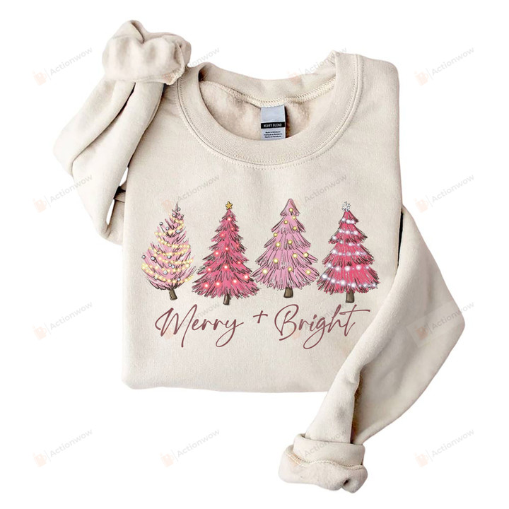 Pink Merry And Bright Christmas Sweatshirts For Women, Pink Christmas Tree Sweater For Her