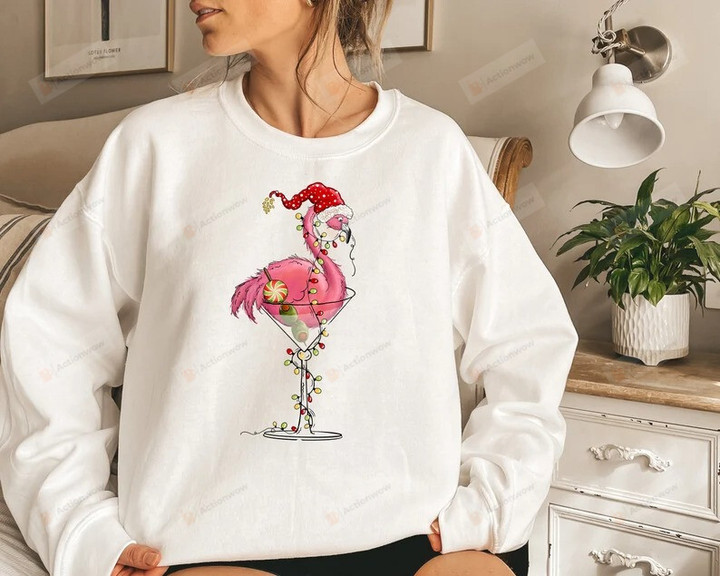 Christmas Flamingo With Glass And Light Sweatshirt, Xmas Holiday Sweater Gifts For Her For Him