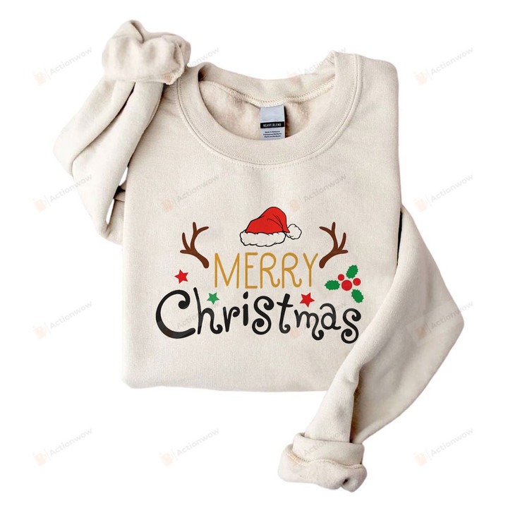 Merry Christmas Santa Hat Crewneck Sweatshirt, Merry Christmas Reindeer Sweater, Funny Christmas Shirt Gifts For Women Family Friend On Holiday, Xmas Gifts, Winter Shirt