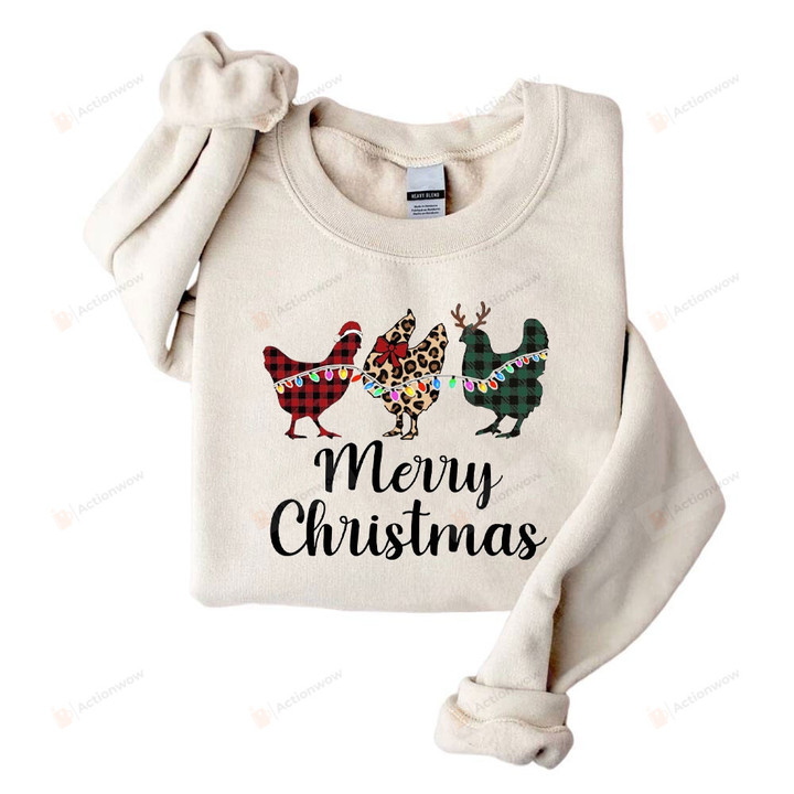 Merry Christmas Chicken Sweatshirt, Merry Chickmas Shirt, Buffalo Plaid Chicken Lover, Women Christmas Sweater, Cute Chicken In Santa Hat With Christmas Lights Shirt