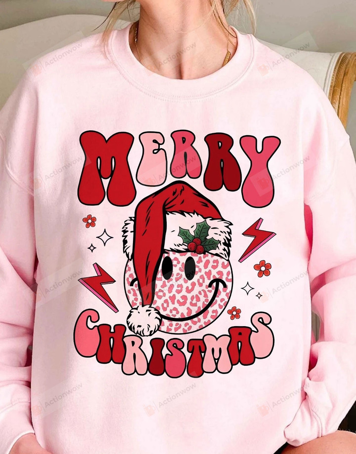 Merry Christmas Retro Smiley Face Sweatshirt, Funny Christmas Gifts For Women, Family Matching Christmas Tee, Xmas Gifts, Holiday Shirt