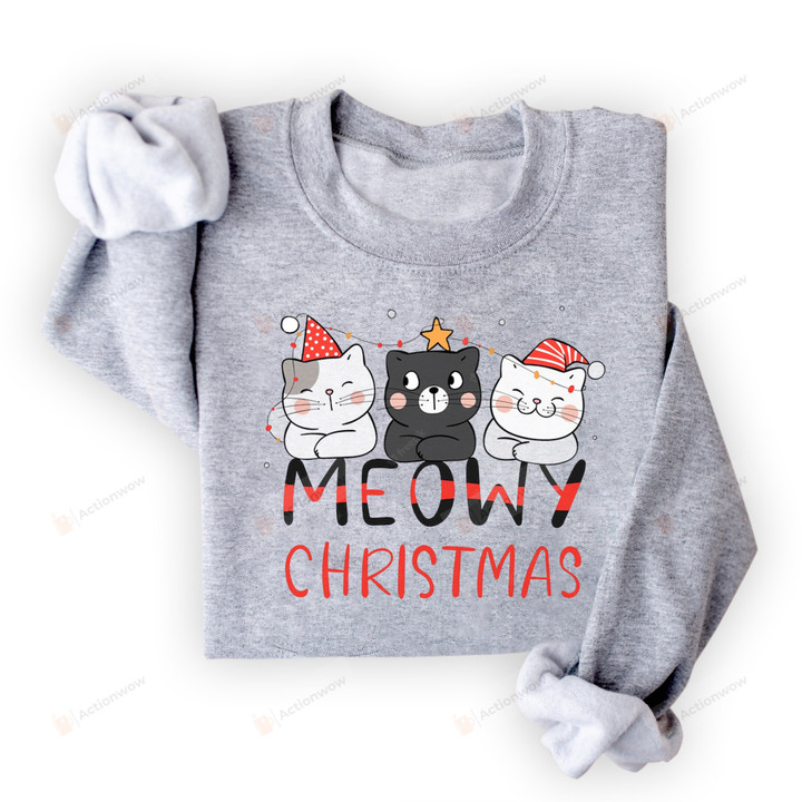 Meowy Christmas Sweatshirt, Happy Cat Year Sweatshirt, Funny Christmas Gifts For Cat Lovers Cat Mom