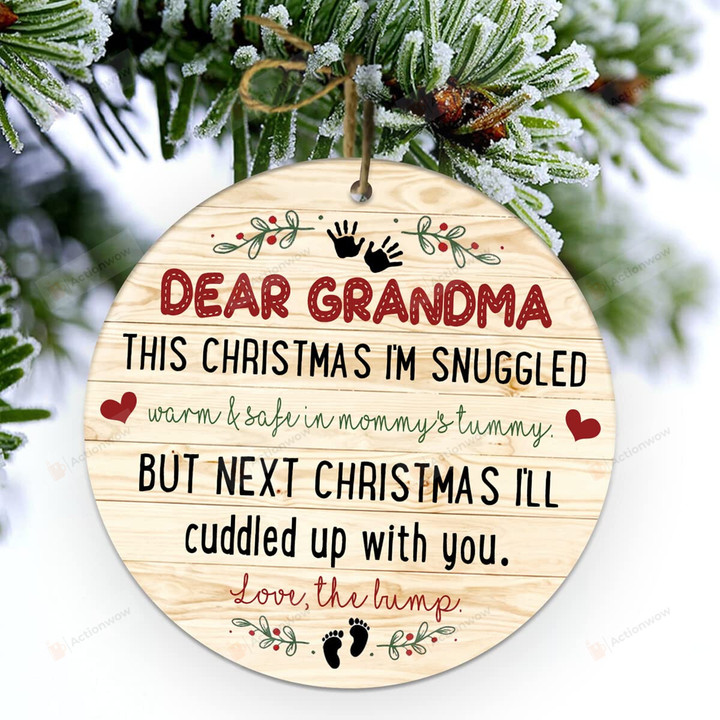 Dear Grandma This Christmas I'm Snuggled Warm & Safe in Momm'y Tummy Baby Bump Ornament Christmas Tree Hanging Ornament House Gifts for Member Family New Mom Dad Christmas New Year