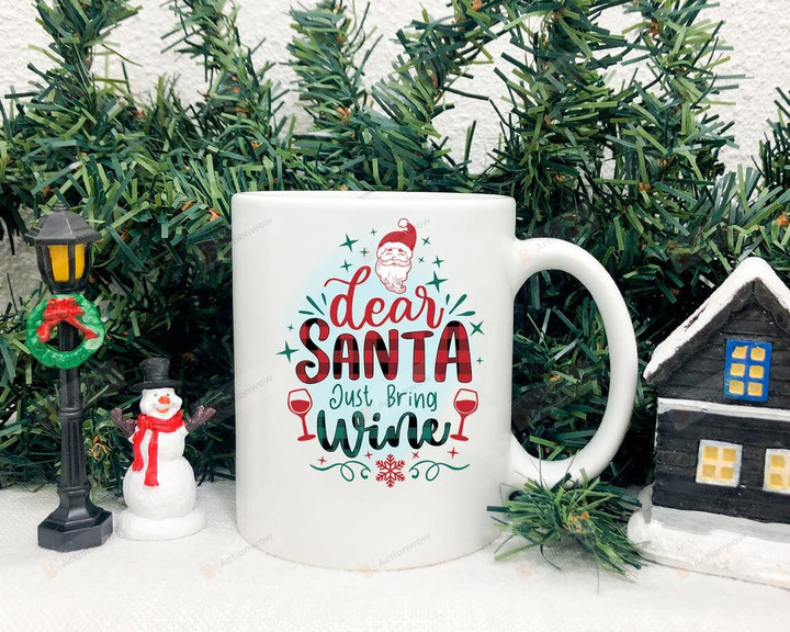 Happy Holidays Mug, Dear Santa Just Bring Wine Mug Merry Christmas Coffee Mug, Christmas Gifts, Holiday Coffee Mug, Funny Christmas Mug, Quote Mug, Christmas Tree Mug, Cute Xmas Coffee Cup