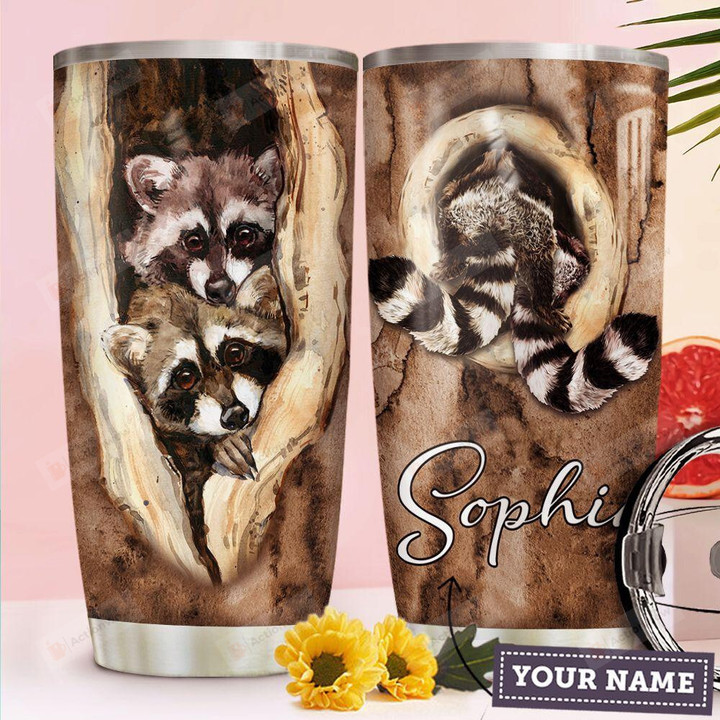 Personalized Raccoon Tumbler Wooden Style Raccoons Stuck Inside Tree Stainless Steel Tumbler Cup