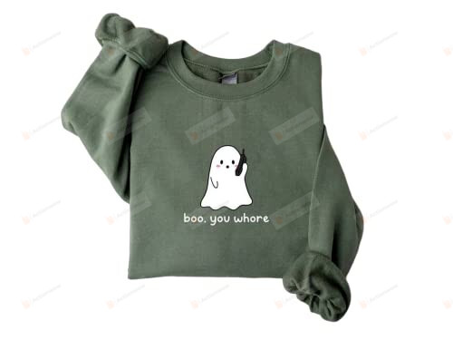 Boo You Whore Cute Ghost Funny Crewneck Sweatshirt Spooky T-Shirt Hoodie Seasonal Gifts For Women Men Girl Boy Ghost Lover On Halloween Thanksgiving Fall Autumn Birthday Christmas White
