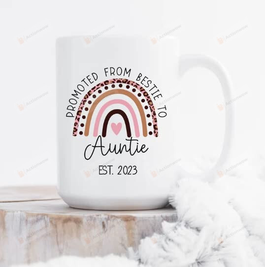 Promoted From Bestie To Auntie Mug Aunt To Be Est 2023 Mug Bestie Coffee Cup Pregnancy Announcement Mug Ceramic Coffee 11 15 Oz Mug Gift For Women For Her Birthday Gift For Best Friend, Aunt