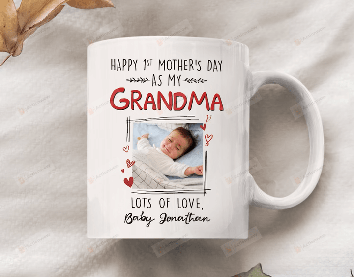 Happy 1st Mothers Day As My Grandma Mug, Baby's Sonogram Picture Mug, Gifts For New First Grandma To Be From The Bump, Nana Grandmother