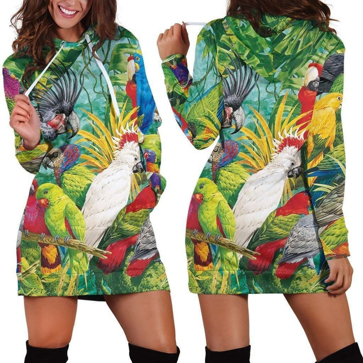All Over Printed Parrots Hoodie Dress H144B