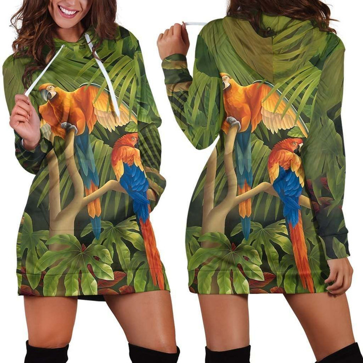 All Over Printed Parrots Hoodie Dress H147B