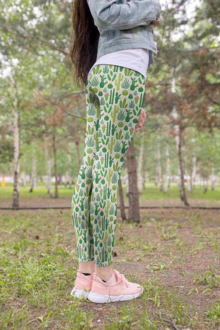 3D All Over Printing Green Cacti And Flower Legging