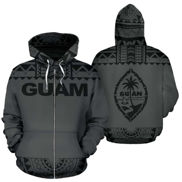 Guam All Over Zip-Up Hoodie - Polynesian Grey And Black - BN09
