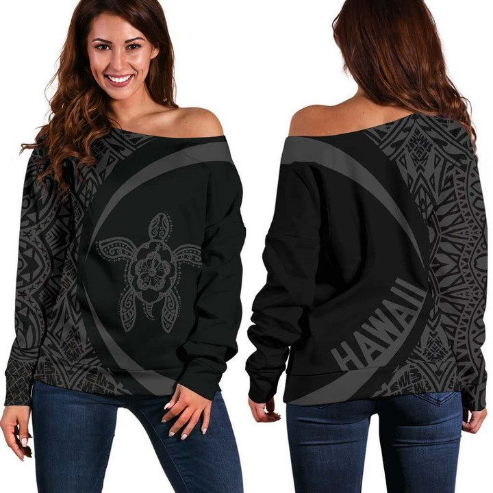 Hawaii Turtle Polynesian Women's Off Shoulder Sweater - Circle Style - AH - Black J9