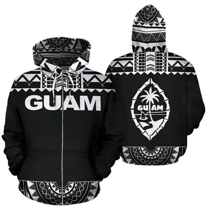 Guam All Over Zip-Up Hoodie - Polynesian Black And White - BN09