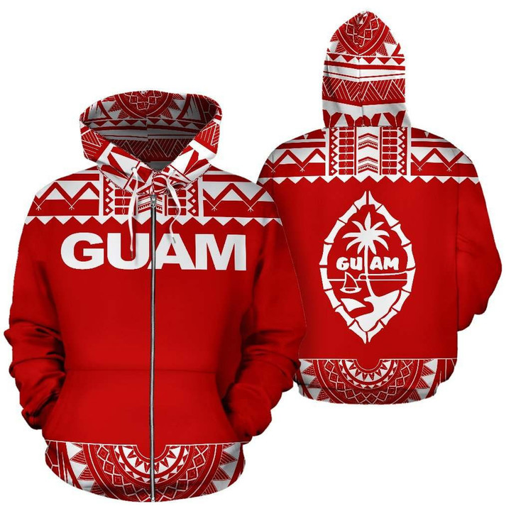 Guam All Over Zip-Up Hoodie - Polynesian Red And White - BN09