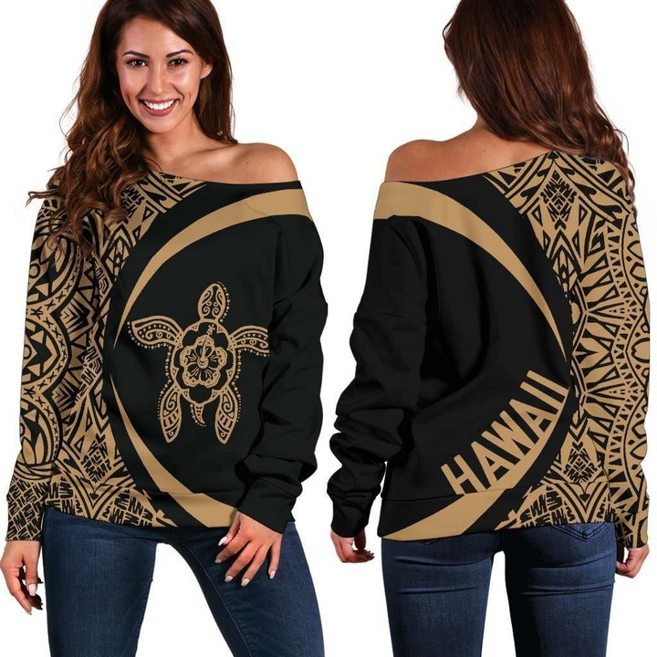 Hawaii Turtle Polynesian Women's Off Shoulder Sweater - Circle Style - AH - Golden J9