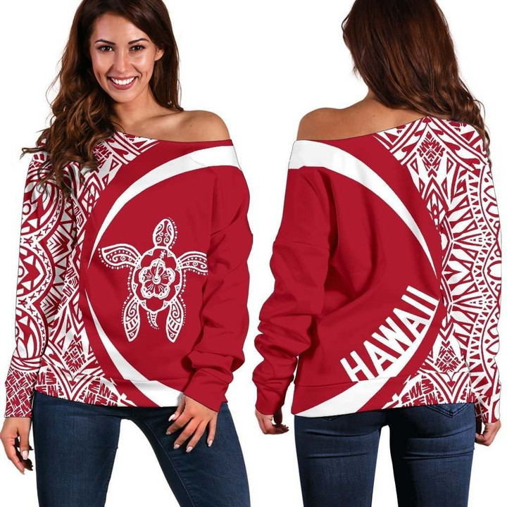 Hawaii Turtle Polynesian Women's Off Shoulder Sweater - Circle Style - AH - Red J9