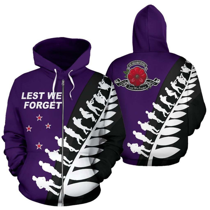 Lest We Forget - New Zealand Zip Up Hoodie Purple K5