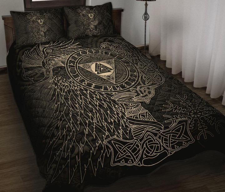 Vikings Quilt Bed Set - Valknut with Helm of Awe and Horn Triskelion