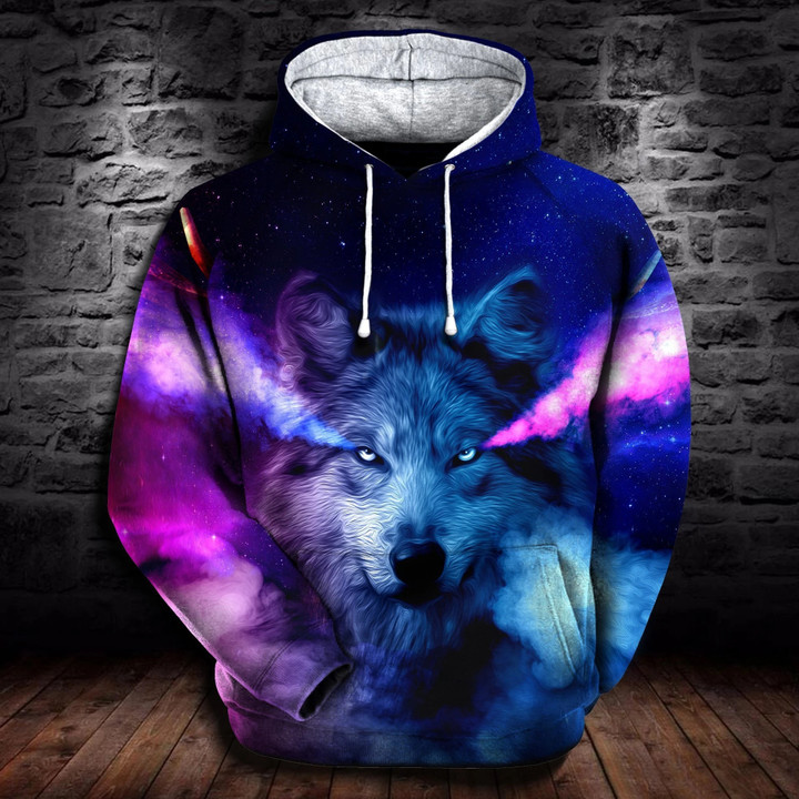 3D All Over Print blue and red wolf black wall brick background Hoodie