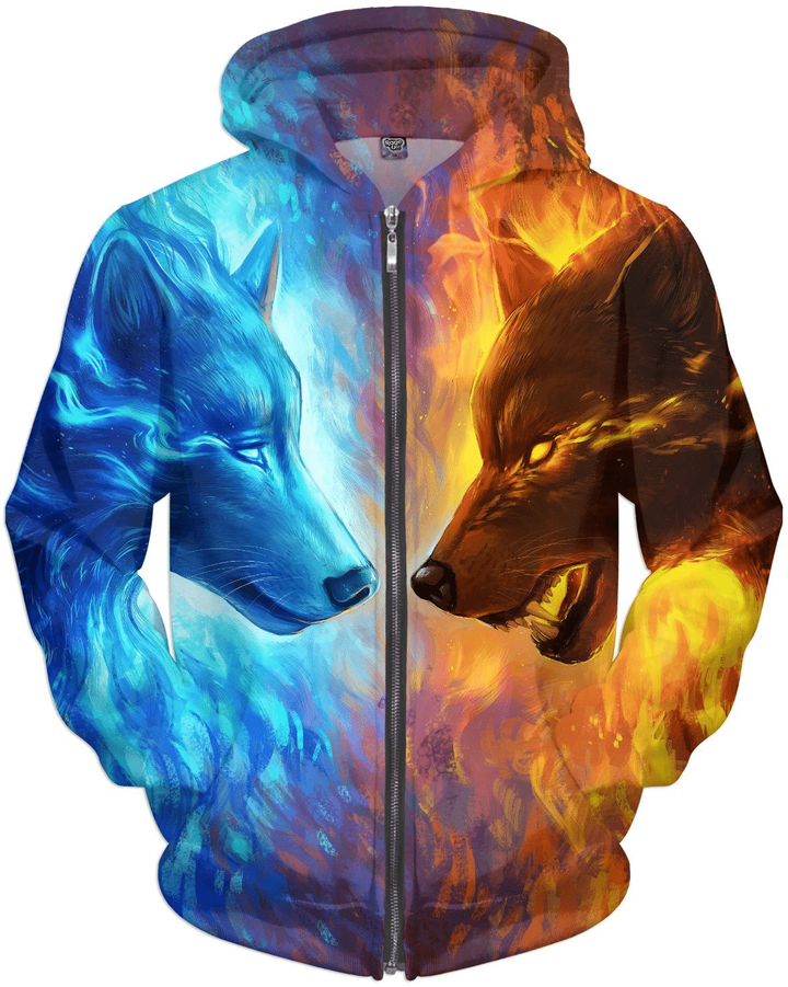 3D All Over Print blue and red wolf Hoodie