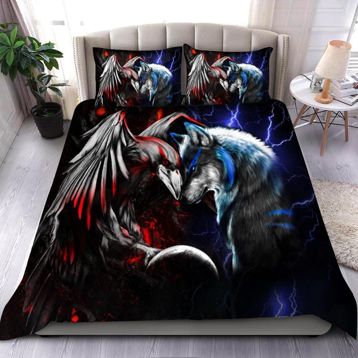 Wolf & raven Blue red Duvet Cover Bedding Set #V