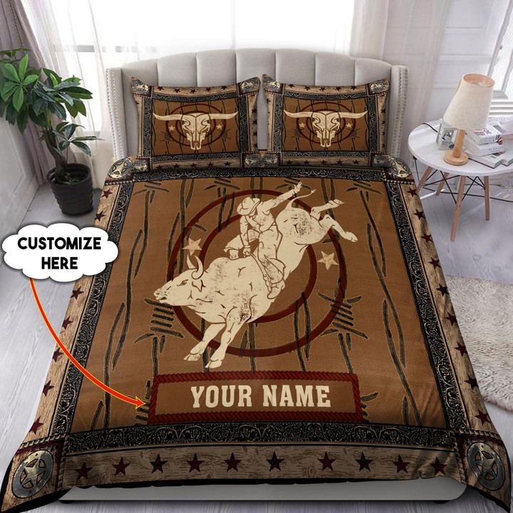 Personalized Name Bull Riding Bedding Set Skull