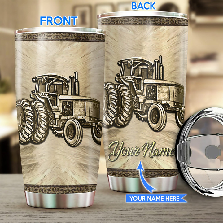 Personalized Name Farmer Stainless Steel Tumbler Golden Tractor