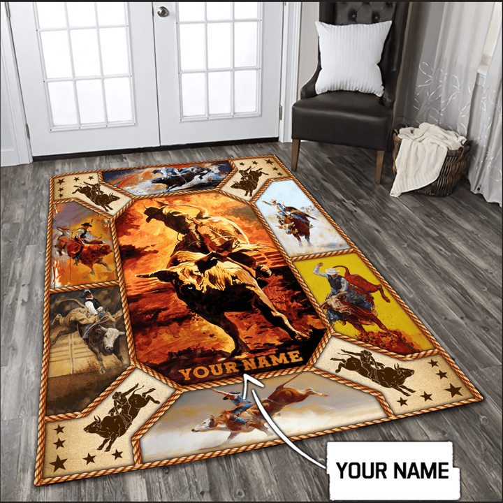Personalized Name Bull Riding 3D Rug Rodeo Art