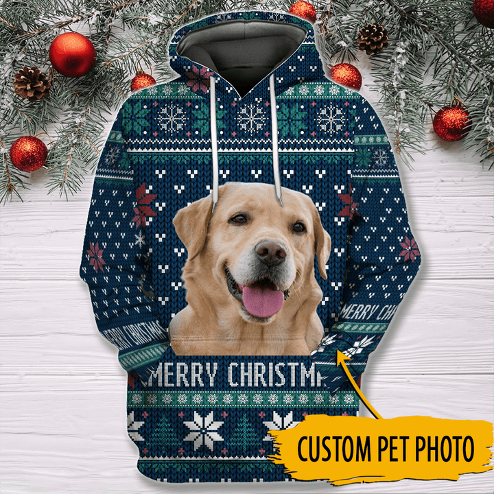 Merry Christmas Personalized Pet Photo 3D All Over Print Hoodie, Christmas Gifts For Dog
