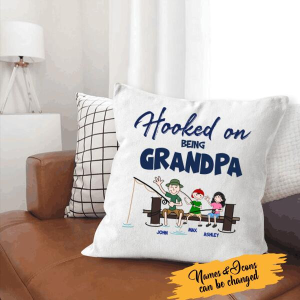 Hooked On Being Grandpa Personalized Throw Canvas Pillow
