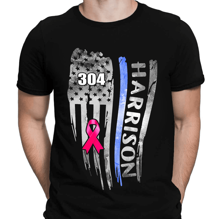 Breast Cancer Pink Ribbon Distressed Thin Blue Line Flag Personalized Police Shirt