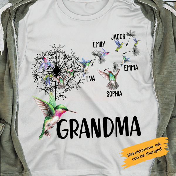 Grandma And Grandkids Bird Hummingbird Dandelion Flowers Personalized T-shirt Family Custom Shirt, Gift For Family