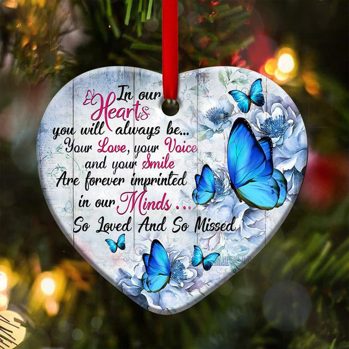 Butterfly In Our Hearts We Will Always Be Heart Ornament, Memorial Gifts On Christmas Occasion