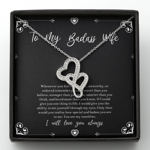 To My Badass Wife, You Are My Sunshine, Double Heart Necklace For Women, Anniversary Birthday Valentines Day Gifts From Husband
