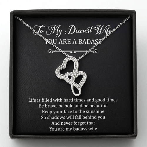 To My Badass Wife, Be Brave, Double Heart Necklace For Women, Anniversary Birthday Valentines Day Gifts From Husband