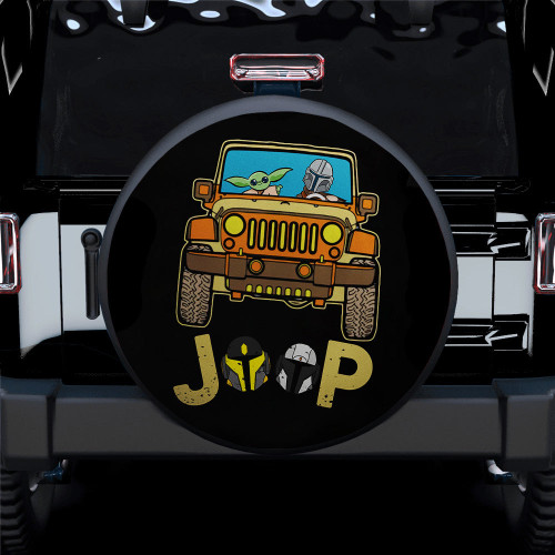 Baby Yoda and Mandalorian Riding Jeep Tire Cover