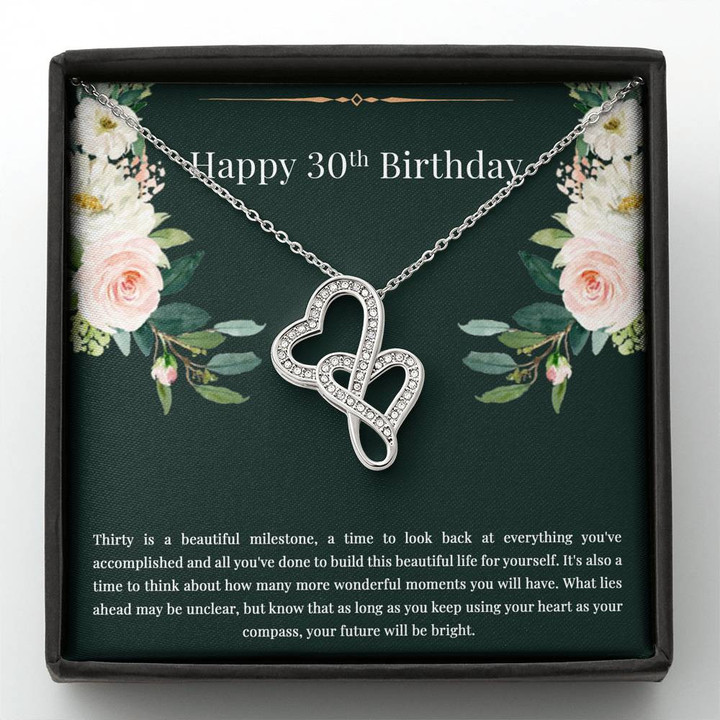 30th Birthday Gifts For Women, Thirty Is A Beautiful Milestone, Double Heart Necklace, Happy Birthday Message Card Jewelry For Daughter