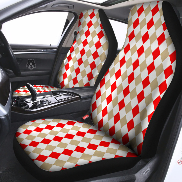 Red Beige And White Argyle Print Pattern Car Seat Covers